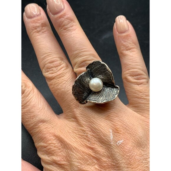 Flower And Pearl Ring Size 7 Sterling Silver High Raised Design Carved Band - Picture 7 of 8